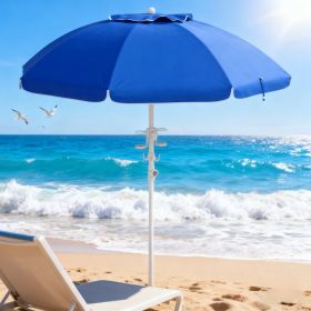 5.7' Beach Umbrella For Travel With Tilt, Adjustable Height, 2 Cup Holders, Hooks, Vent, Ruffles, Blue Stripe, Sapphire Blue (Option: Blue)